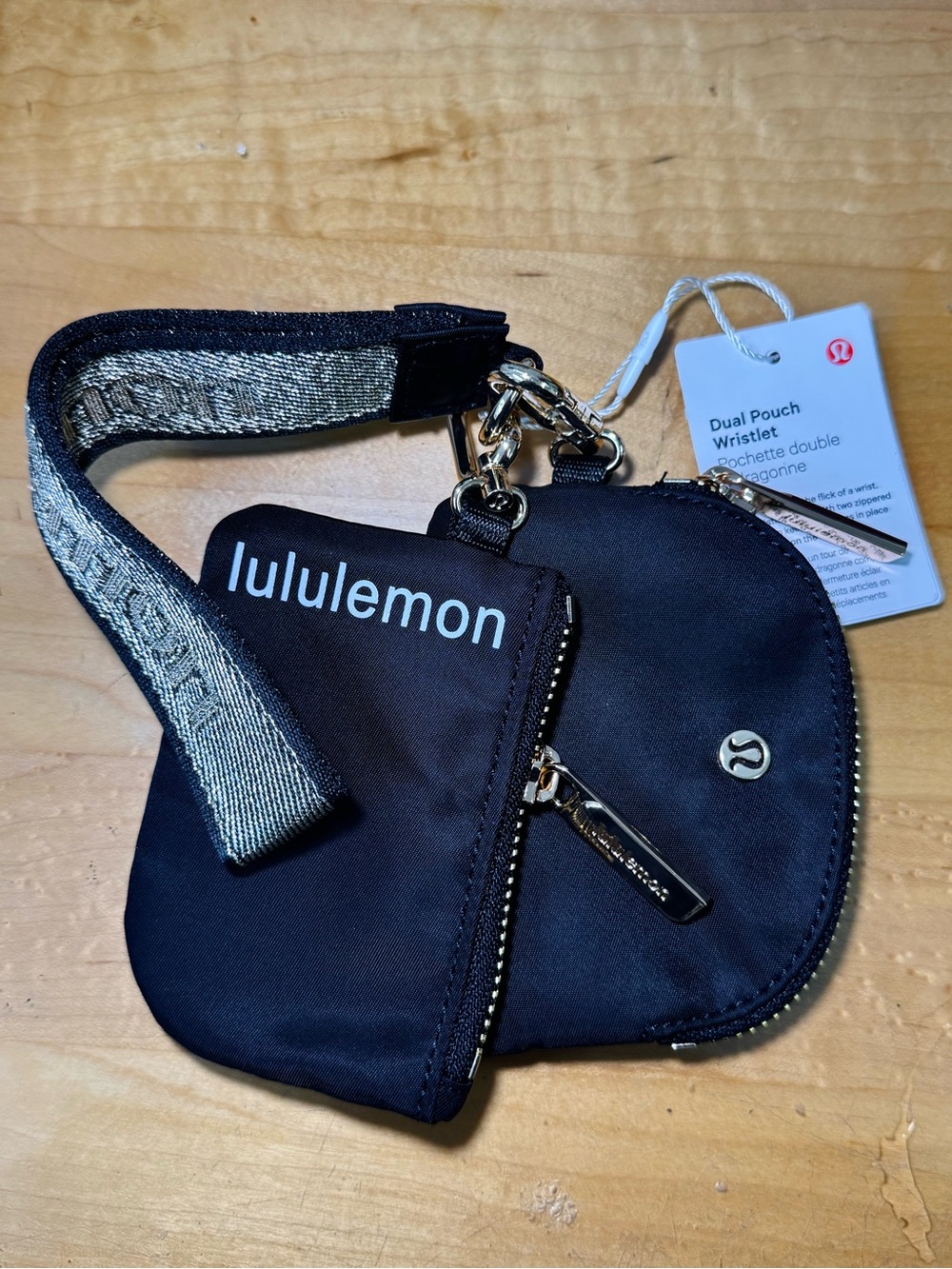 lululemon athletica Black Dual Pouch Wristlet with Gold Accents